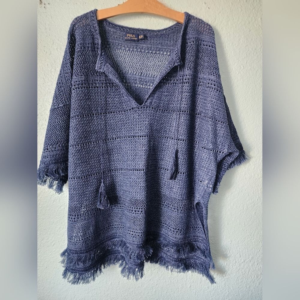 Polo Ralph Lauren Linen Navy Knit Sweater Poncho Top